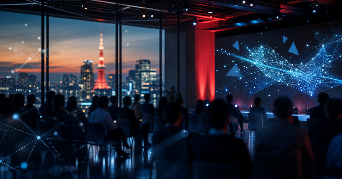 東京の夜景と抽象的なAIネットワークを描いた編集用ヘッダー画像