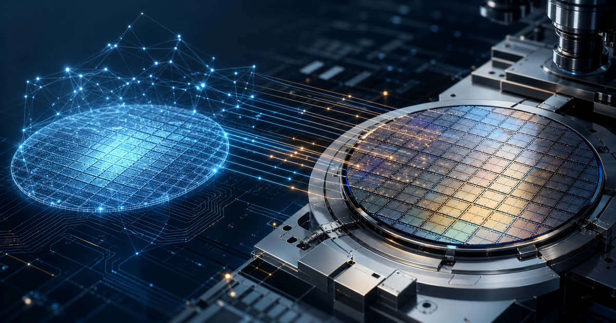 実物の半導体ウェハーと発光するデジタルツインを結ぶ検証環境のイメージ