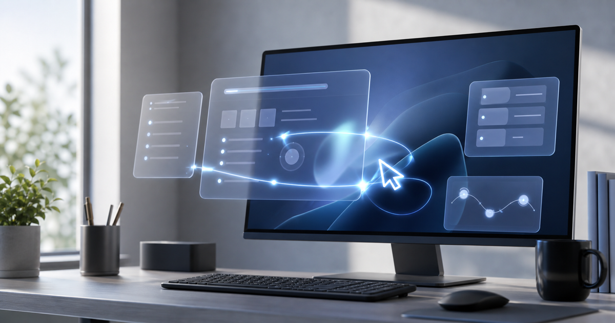 抽象的なWindowsコンピューター上でAIの操作フローを示す編集用ヘッダー画像